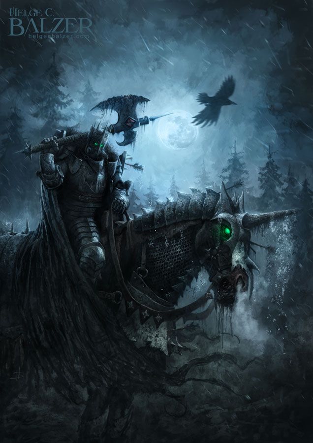 helge c. balzer, demon, knight, evil, unicorn, rider, axe, crow, dark fantasy
