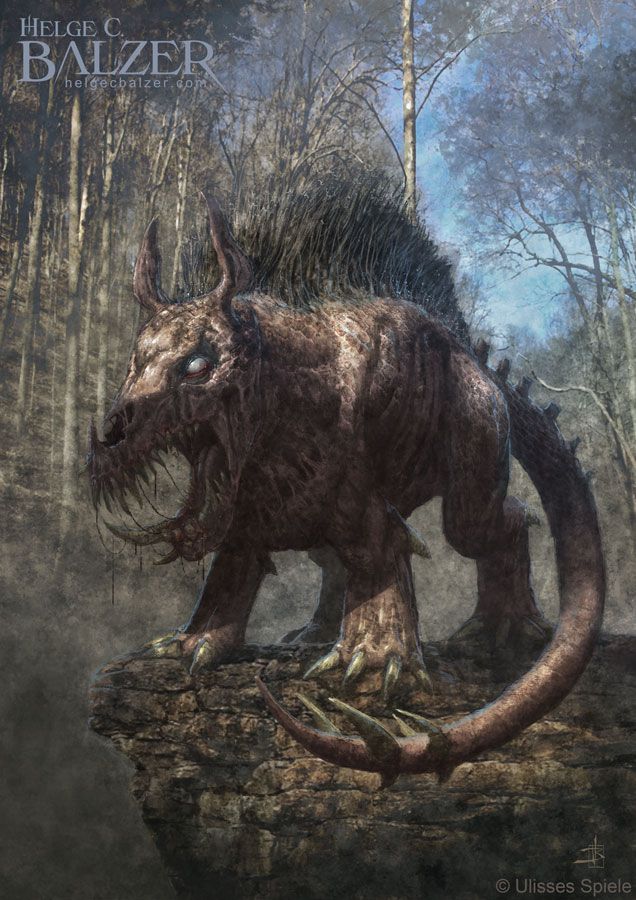 A fantasy art picture by Helge C. Balzer showing a beast or monster who looks like a mixture of a undead dog and a armadillo standing on a jagged rock in a dead forest.
