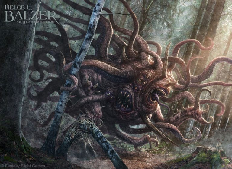 This fantasy artwork by Helge C. Balzer shows a totally asymmetrical beast with many tentacles, eyes and mouths, charging through a forest. It tears down trees.