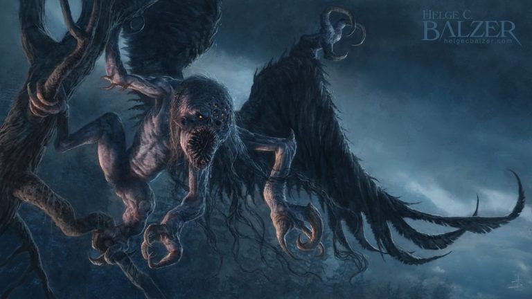 The picture shows a fantasy artwork by Helge C. Balzer. It features a vampire-like monster with feathered wings crouching on the branch of a bare tree. It is grotesquely mutated, polyglot and has additional limbs. The mouth is that of a lamprey.