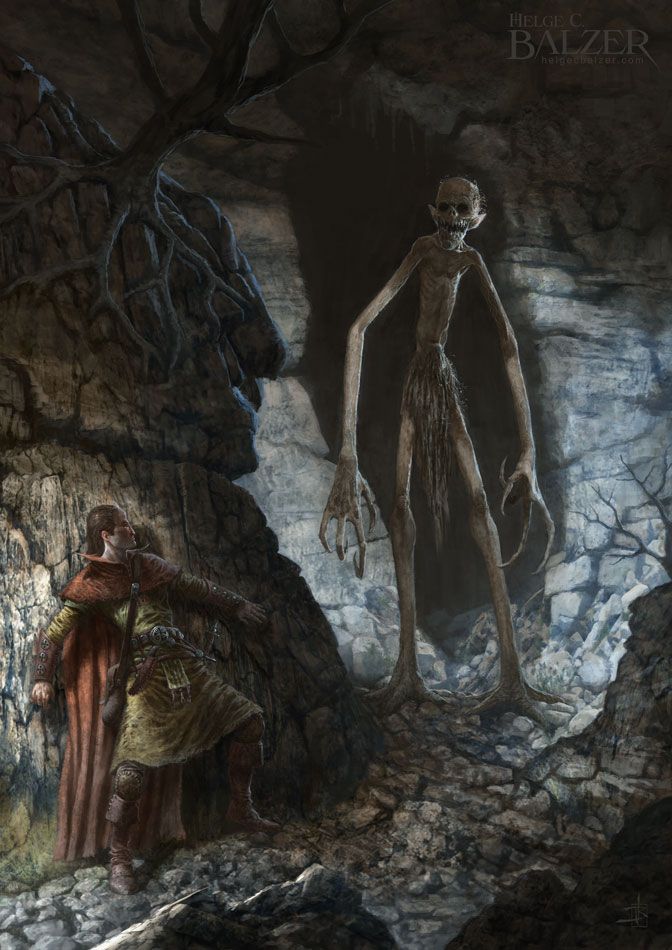 This fantasy artwork by Helge C. Balzer shows a man hiding from a monster which is hunting him in a cave. This mutant is huge and thin while having no eyes.