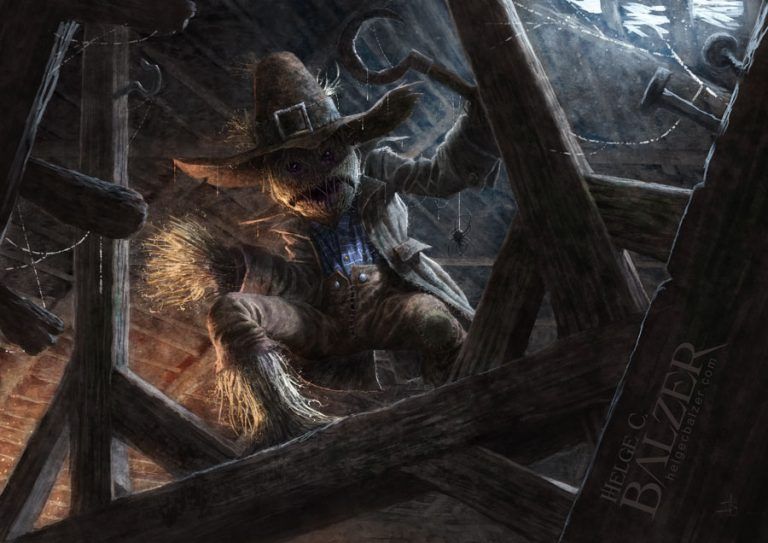 This fantasy artwork by Helge C. Balzer shows a living scarecrow, a creature hiding in the roof beams of an old barn in half-light. It carries a sickle as a weapon.
