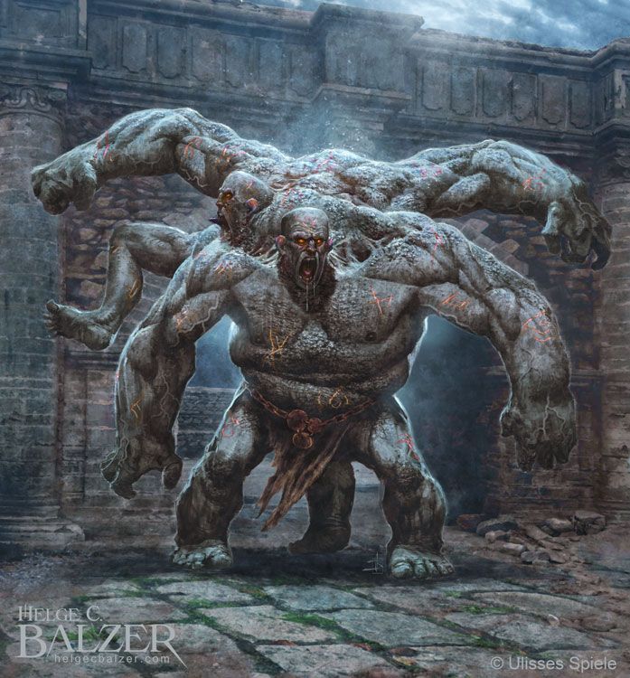 This fantasy artwork by Helge C. Balzer shows an scary mutant creature formed from different parts of a human body standing between old ruins; it looks very strong and dangerous.