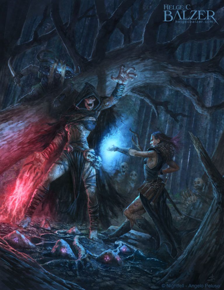 This fantasy artwork by Helge C. Balzer shows a fight or duel scene in which a monstrous witch fights against a moon mage who interrupts the creature's sinister ritual. The scene takes place in a dark forest. Unnoticed by the witch, another hero stalks himself with a knife to intervene in the fight.