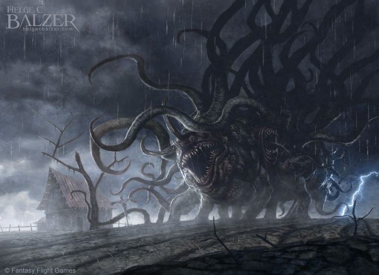 This fantasy artwork by Helge C. Balzer shows a terribly mutated monster with tentacles and many mouths standing on a harvested field. A thunderstorm with rain is raging.