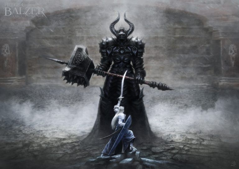 This fantasy artwork by Helge C. Balzer shows a duel scene of the two characters Morgoth and Fingolfin from J.R.R. Tolkien's masterpiece "The Sillmarillion". Both characters are on the verge of attacking each other - it promises to be a divine battle between two godlike beings. Morgoth is huge and towers above the scene as a mighty black knight. He carries the hammer of the Gronth underworld.