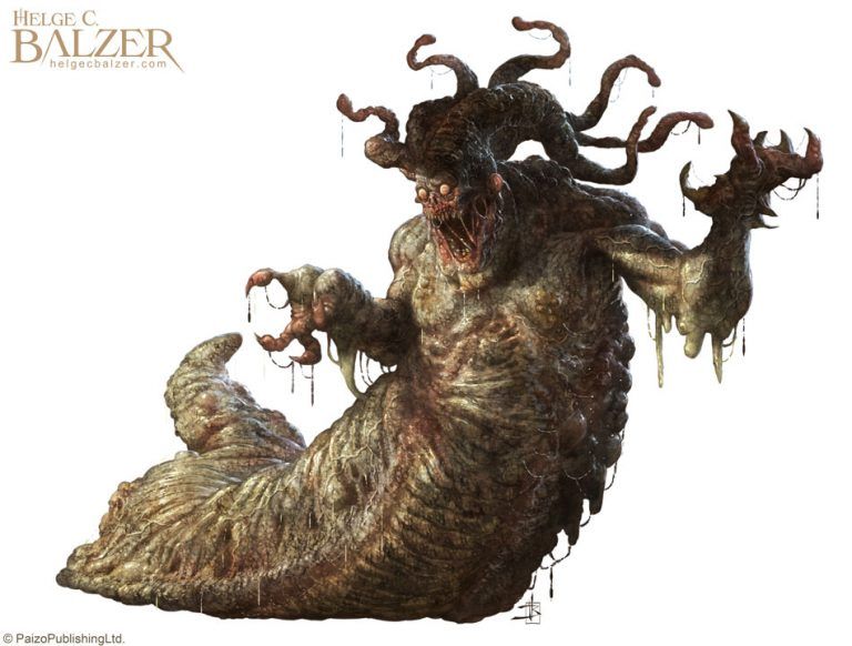 This fantasy artwork by Helge C. Balzer shows a kind of mutant being made of a mixture of human, monster and snail. It is littered with pestilence and decay; a classic monster of the chaos god Nurgle.