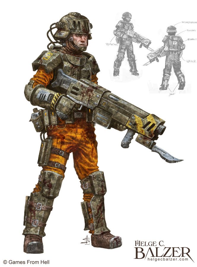 This fantasy artwork by Helge C. Balzer is a concept art piece showing a futuristic soldier with a big rifle and a battered armor.