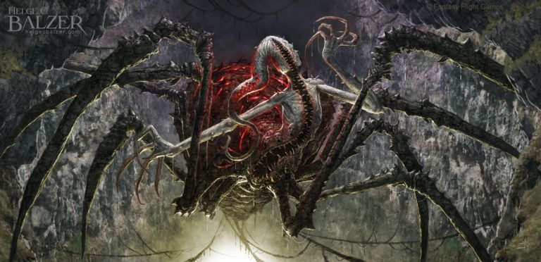 This fantasy artwork by Helge C. Balzer shows the fictional, ancient god Atlach Nacha from the Lovecraft universe, weaving a web in a huge cave. Atlach Nacha is a giant and monstrous spider god.