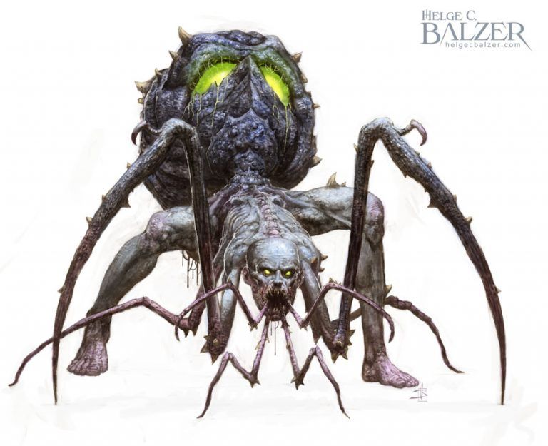 This Fantasy Artwork by Helge C. Balzer shows a spider mutant - a creature concept art for the role playing game "Dark Conspiracy".
