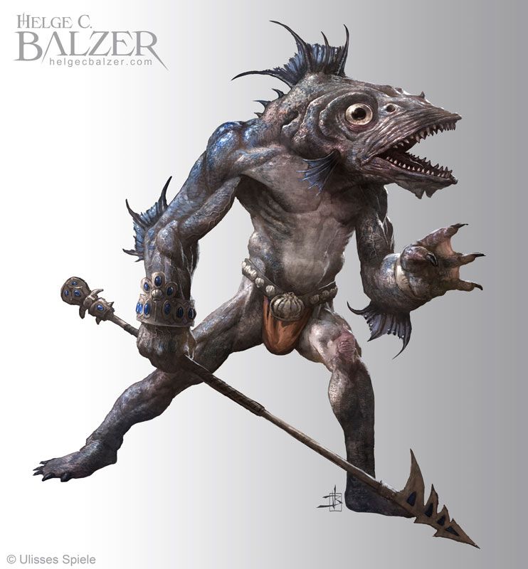 This fantasy artwork by Helge C. Balzer shows a creature which is a mixture of human and fish - it is used for the role playing game Hexxen as a NPC.