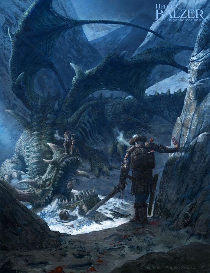 This fantasy artwork by Helge C. Balzer shows a scene in a snowy, dark mountain range: A dead and decomposed dragon lies in the snow, while a goblin sets about taking anything of value from the carcass; he has left his bow with the arrows in the snow. In the foreground, a warrior appears, shot by two arrows of this bow. He leaves a trail of blood in the snow. And he seems intent on getting his revenge.