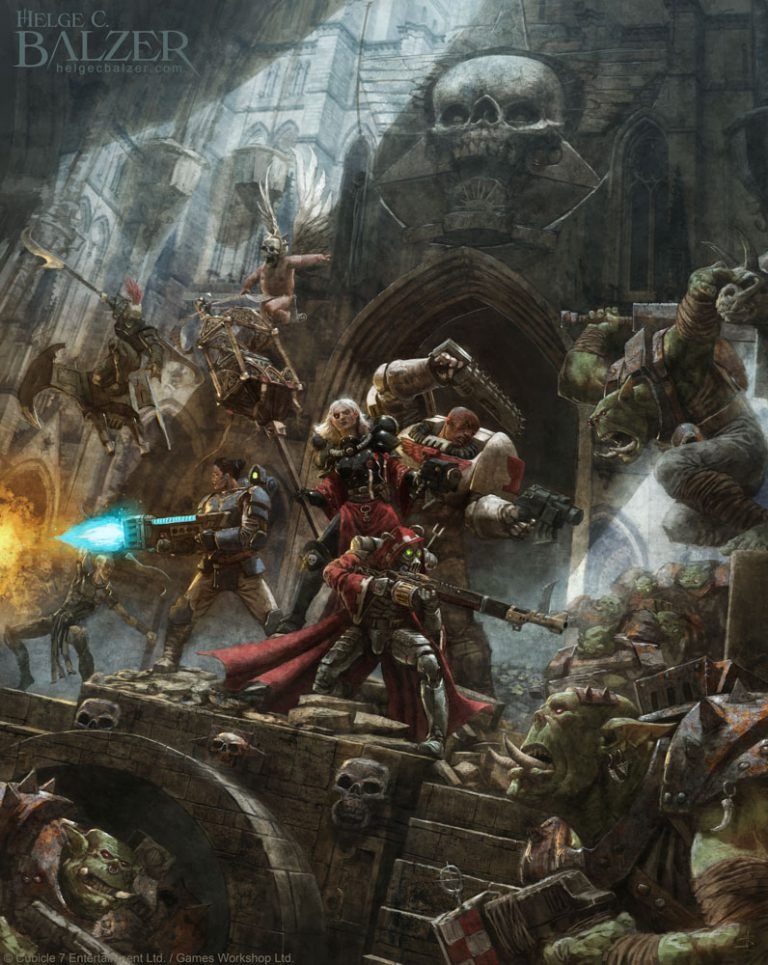 This fantasy artwork by Helge C. Balzer shows a battle scene in the Warhammer 40k universe. A Spacemarine Scout, a Skitarii Ranger, a Tempestus Scion and a Sister of Battle face the onslaught of Orcs and Dark Eldar in a cathedral-like building. This is the official cover artwork from the book Litanies of the Lost.