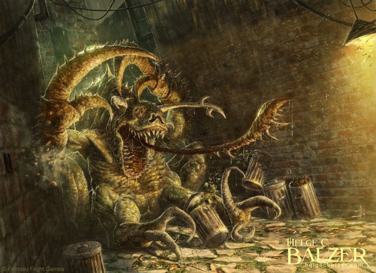 This fantasy artwork by Helge C. Balzer shows a mutated monster in a back alley of a city. It roars and tips over garbage cans. The artwork was created for the card game Arkham Horror by Fantasy Flight Games and reflects the world of Lovecraft.