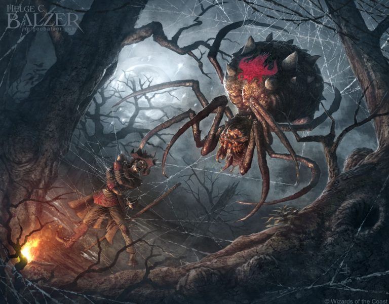 This artwork by Helge C. Balzer is showing a scene from Magic the Gathering - Innistrad Crimson Vow. A giant monster spider is attacking a man who is trapped in the spider's web in a dark wasteland.