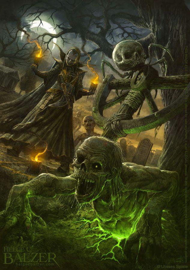 This Fantasy Artwork by Helge C. Balzer shows a scene on a grave yard where a necromancer is doing a ritual to raise undead creatures which are digging out of the ground.