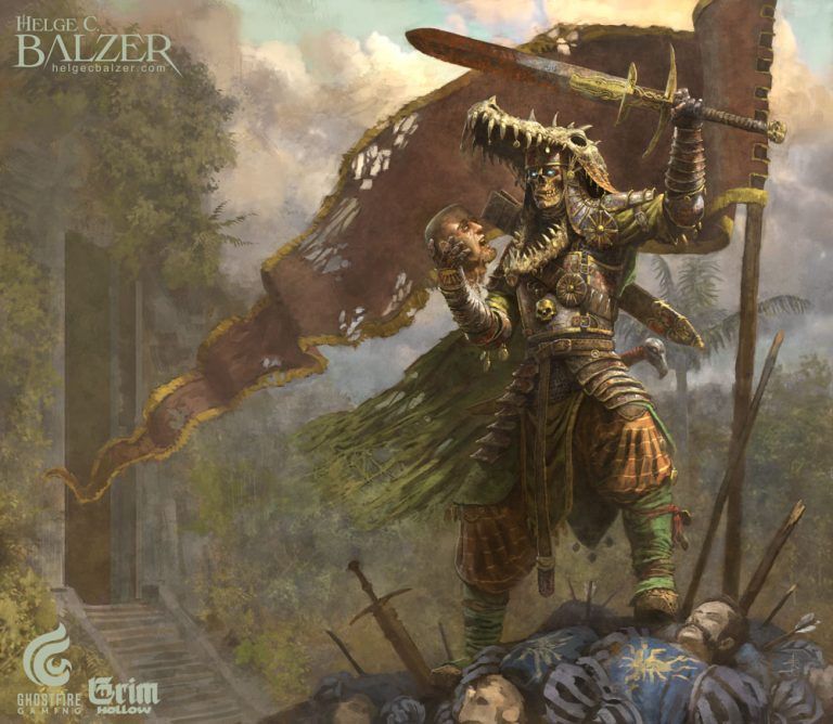 This fantasy artwork by Helge C. Balzer shows an undead knight on top of a pile of dead soldiers raising his sword arm for victory and holding the head of one of his victims in the other hand. The background shows a jungle and a mystical entrance of a pyramid.