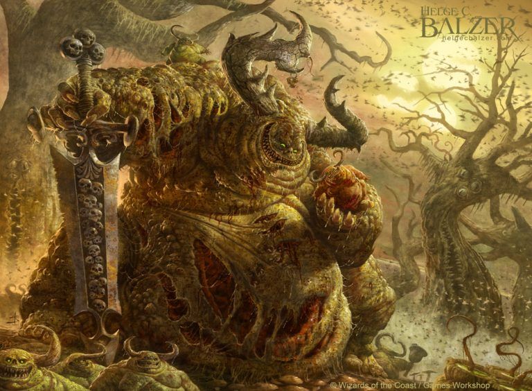 The picture shows the great demon of Nurgle, the Great Unclean One, smiling down on one of he's minions, a Nurgling, on his hand. He is standing in a rotten landscape of decay surrounded by lots of creatures of his kind.