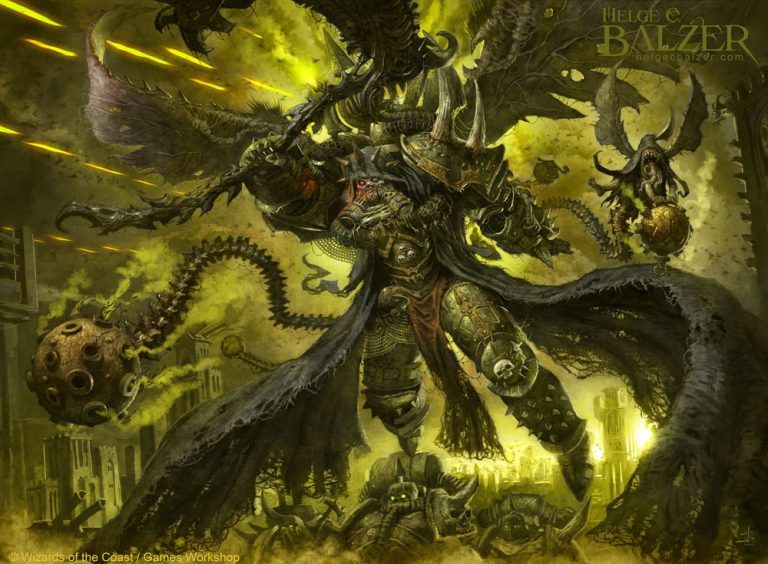 Here is a scene in which Mortarion the Demon Primarch from the Nurgle fraction is hovering above the battlefield. Pestilence is all around while his rotten guards and degenerated creatures attack. The setting is taking place in the warhammer 40000 universe and the product is a fusion of Magic the Gathering and Warhammer.