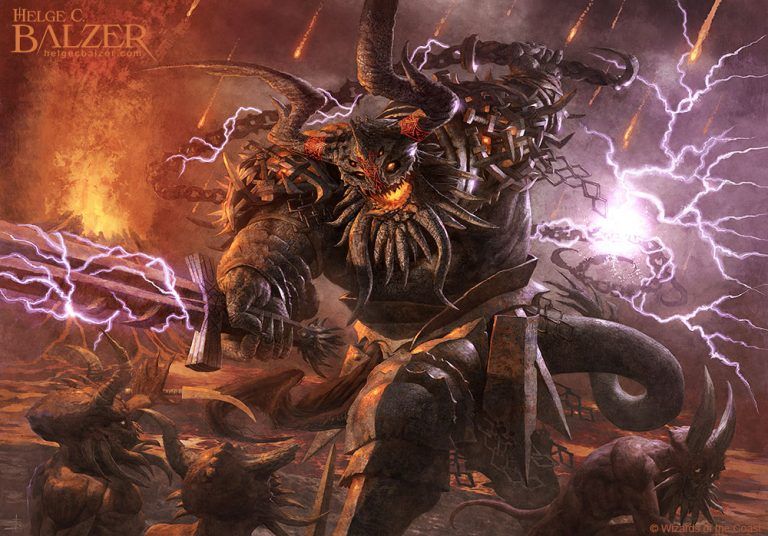 Kardur Doomscourge - a demon berserker in Magic the Gathering's Kaldheim - is attacking a group of lower demons in the demon world with a magic sword and a brutal whip both crackling from electric energy. Everywhere is magma and fire is raining down from the dark sky.