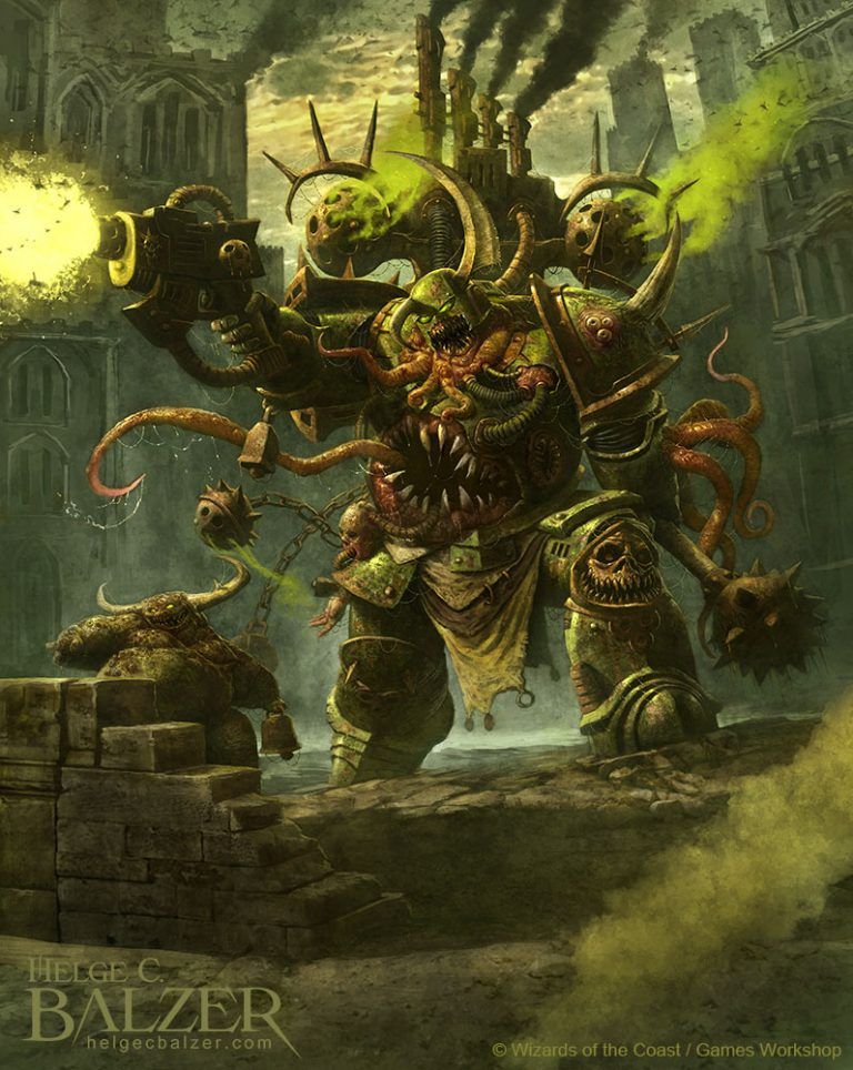The image shows a Nurgle Chaos Spacemarine firing his gun against the enemy. A Nurgling - a litte demon of Nurgle - is pointing on the next target.
