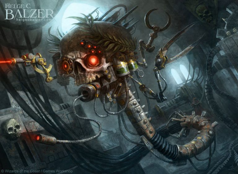 In this scene we are seeing a servo skull from the Warhammer 40k universe flying through the engine room of a spaceship in the typical dark and gritty atmosphere of this Games Workshop setting. It is made for the card game Magic the Gathering by Wizards of the coast.