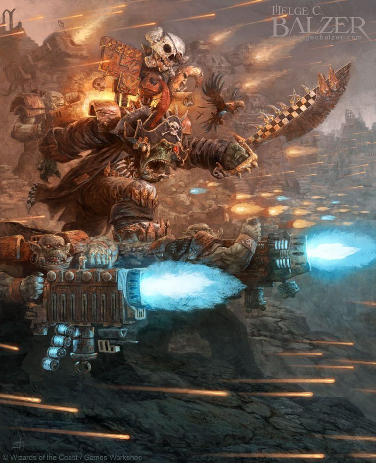 An orc space pirate assault with massive shelling. The orc captain Badrukk gives order that everyone shall empty his gun towards the enemy. This scene is taking place in the Warhammer 40k universe by Games Workshop and it is published under the copyright of Magic the Gathering by Wizards of the Coast.