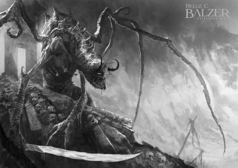 We see a dying demon from the epic, free webcomic by Helge C. Balzer, pierced with arrows holding himself hardly upright.
