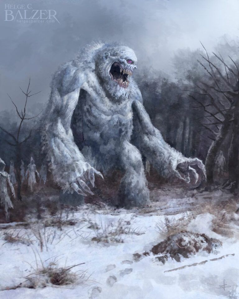 This image is showing the white shepherd, a big creature like a mixture of a yeti, an polar bear and an ogre wandering through a snowy and dark landscape towards a dead person frozen to death in the foreground. The creature is followed by ghostly humanoid figures. The artwork is painted by Helge C. Balzer