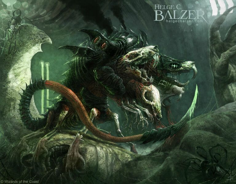 We see a phyrexian rat king, a mecha cyborg creature built out of 4 rats with four heads and a long tail with poison dripping from it's end. The artwork is done for the setting Pyrexia: All will be one for Magic the Gathering by Wizards of the Coast. It is painted by Helge C. Balzer