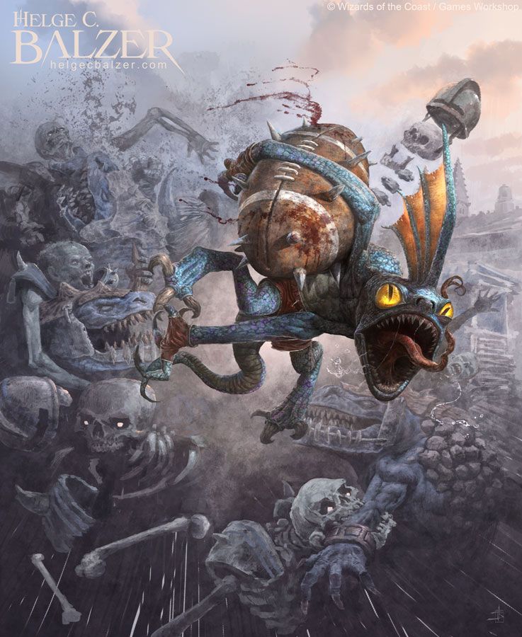 The image is showing a small reptilian creature - a skink - flying towards the viewer with some kind of football in his grip while screaming. Behind this lizard creature other lizardmen fighting against some undead creatures. The whole scene shows a kind of grotesque football game - Blood Bowl by Games Workshop. The artwork is done by Helge C. Balzer.