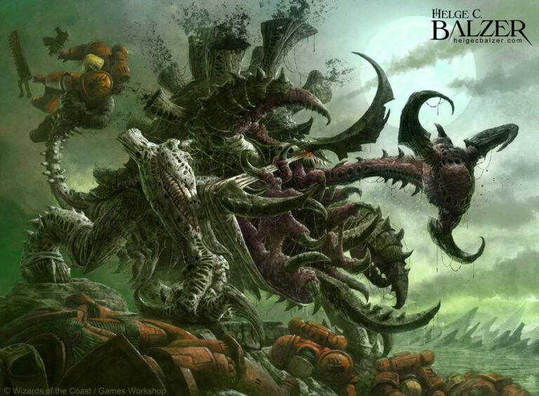 We see a Haruspex, a Tyranid creature from the Warhammer 40k Universe, fighting some Blood Angel Scouts, killing them all. The artwork is done for Magic the Gathering by Helge C.Balzer.